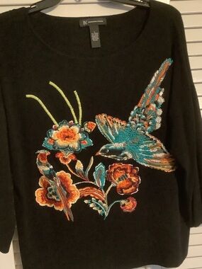 INC  Black Sweater with Teal and Orange Embroidered design.